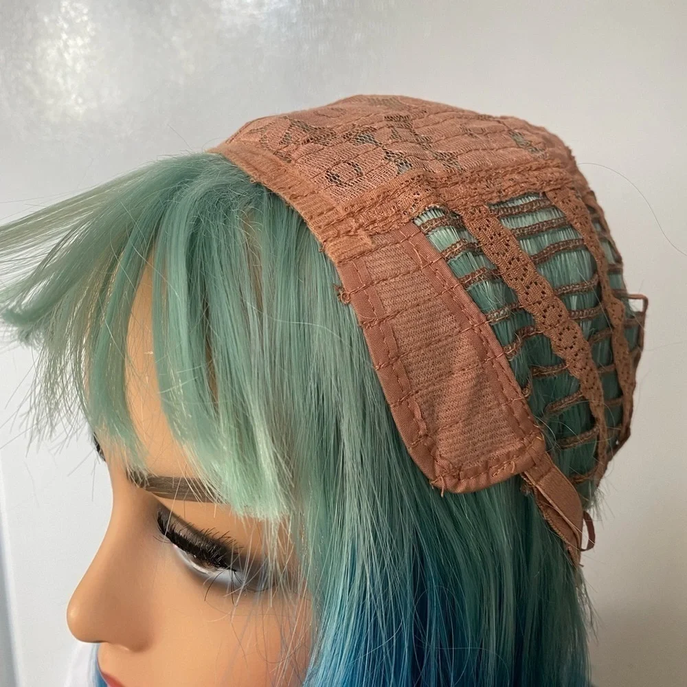 Medium hair Wig Aqua Green + Blue  balayage two tone 16” with bangs